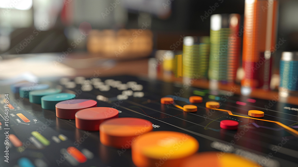 Close-up of colorful data visualization with charts, graphs, and markers, representing financial analysis, market trends, and economic growth in a modern setting Close-up of colorful data visualization with charts, graphs, and markers, representing financial analysis, market trends, and economic growth in a modern setting