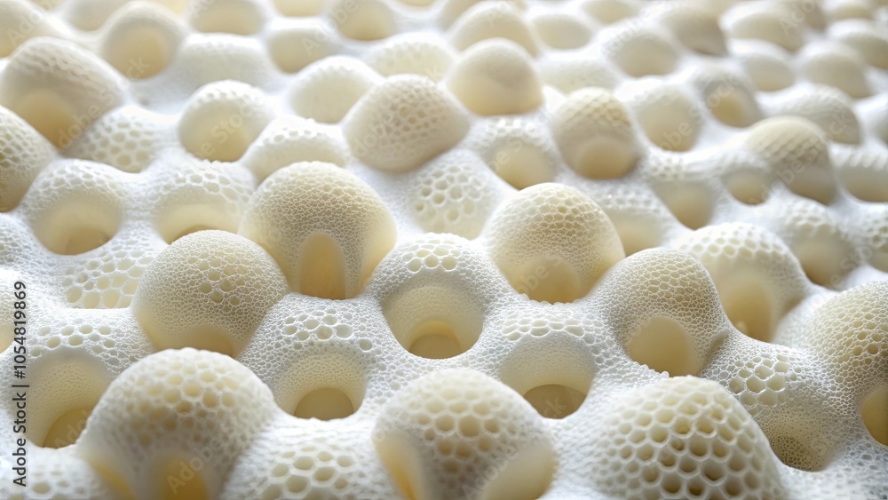 A textured surface of white foam with a honeycomb pattern, featuring deep craters and raised bubbles, creating an organic and abstract design. A textured surface of white foam with a honeycomb pattern, featuring deep craters and raised bubbles, creating an organic and abstract design.