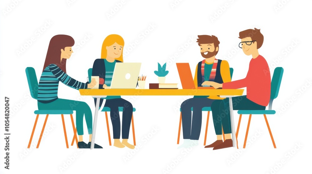 Digital meeting flat illustration, with four participants shown on a video call, bright and clean design Digital meeting flat illustration, with four participants shown on a video call, bright and clean design