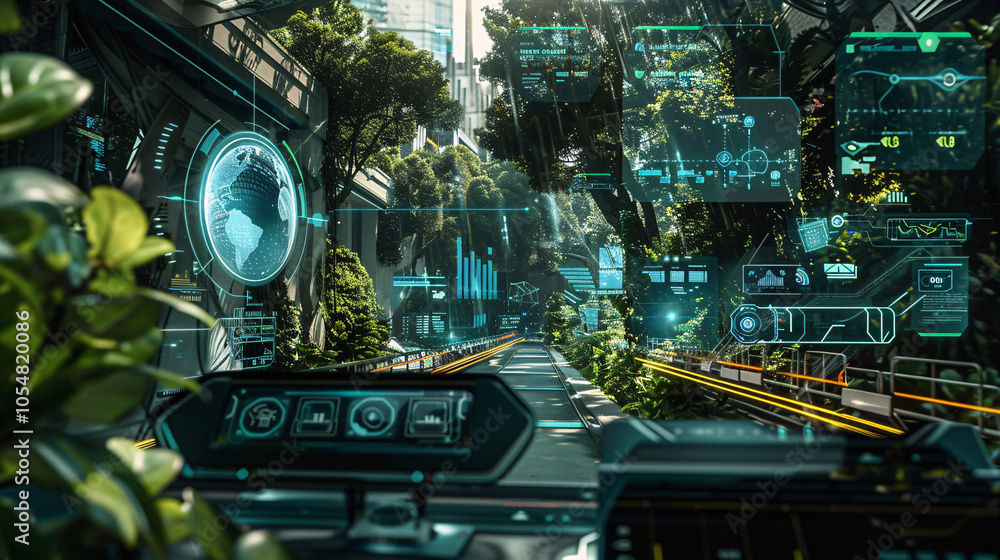 Fototapeta premium High-tech dashboard with holographic data overlays showing environmental and geographical information in a futuristic, green city setting with abundant foliage