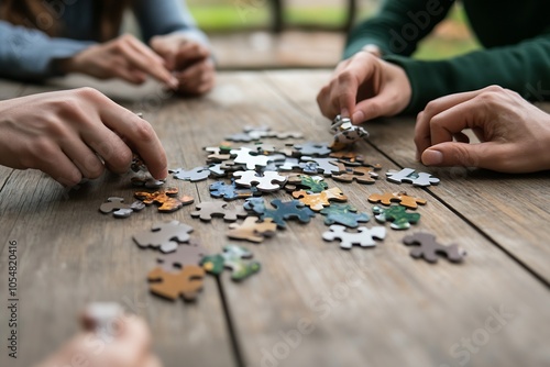 Hands Assembling Puzzle Pieces on a Wooden Table Symbolizing Teamwork and Strategy : Generative AI