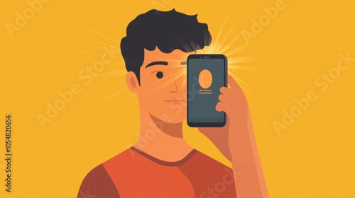 Facial recognition smartphone vector, showing a scanning beam on a man's face, bright and clean design photo