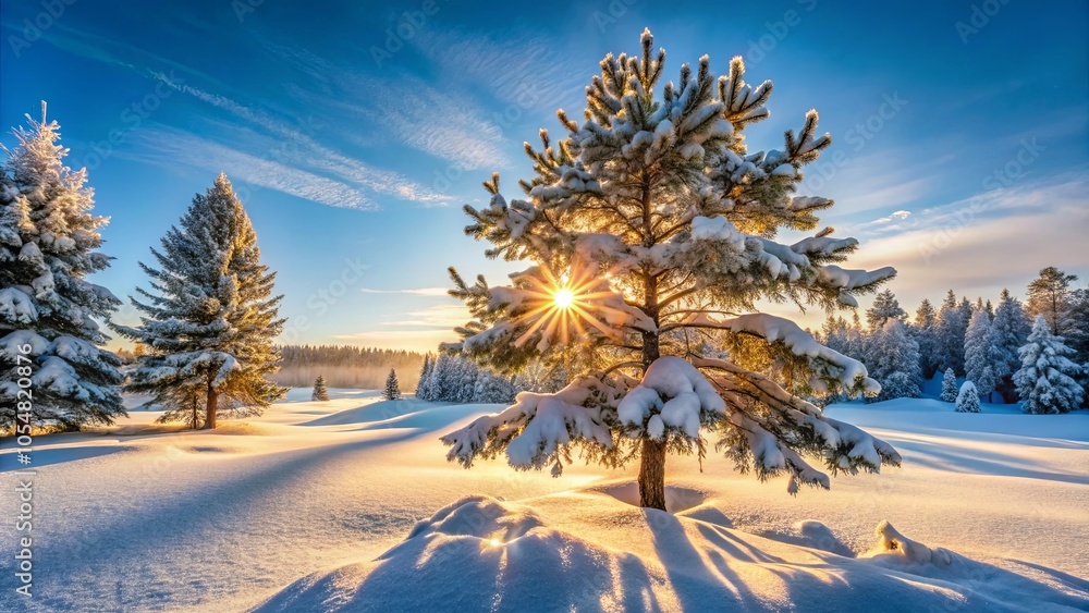A majestic pine tree stands tall in a snowy landscape, bathed in the golden glow of the rising sun, casting long shadows on the pristine white snow. A majestic pine tree stands tall in a snowy landscape, bathed in the golden glow of the rising sun, casting long shadows on the pristine white snow.