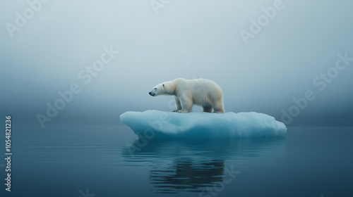 majestic polar bear stands on floating iceberg, surrounded by calm waters and misty atmosphere. serene scene captures beauty of nature and vulnerability of wildlife.