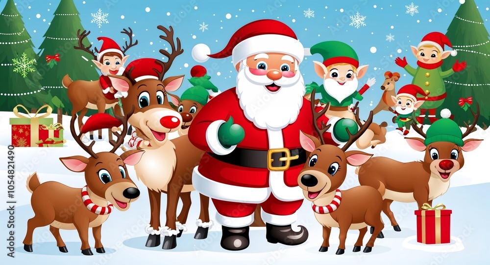Cheerful Santa, reindeer, elves, holiday animals, playful winter scene Cheerful Santa, reindeer, elves, holiday animals, playful winter scene