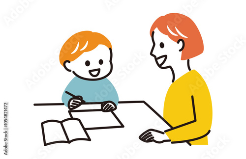 a boy studying with his mother