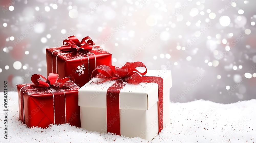 Festive Christmas gifts in snow with red ribbons and winter wonderland background : Generative AI Festive Christmas gifts in snow with red ribbons and winter wonderland background : Generative AI