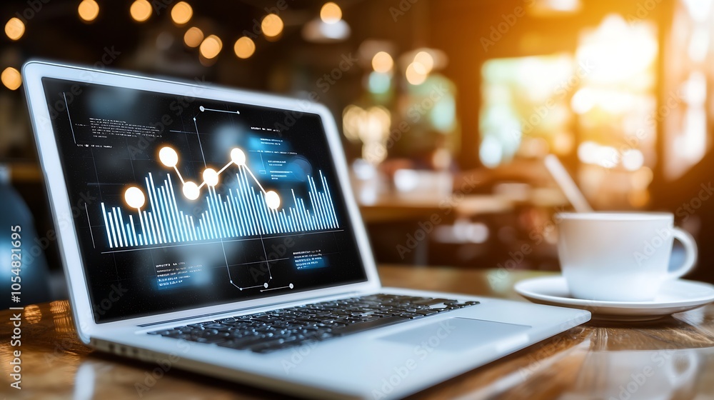 Digital Analytics on Laptop Screen in Cozy Cafe Environment : Generative AI Digital Analytics on Laptop Screen in Cozy Cafe Environment : Generative AI