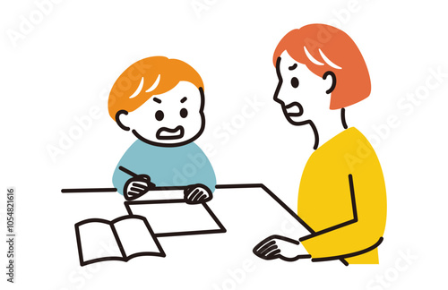 a boy studying with his mother