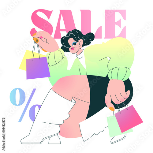Text sale and woman squatting with purchases lettering
