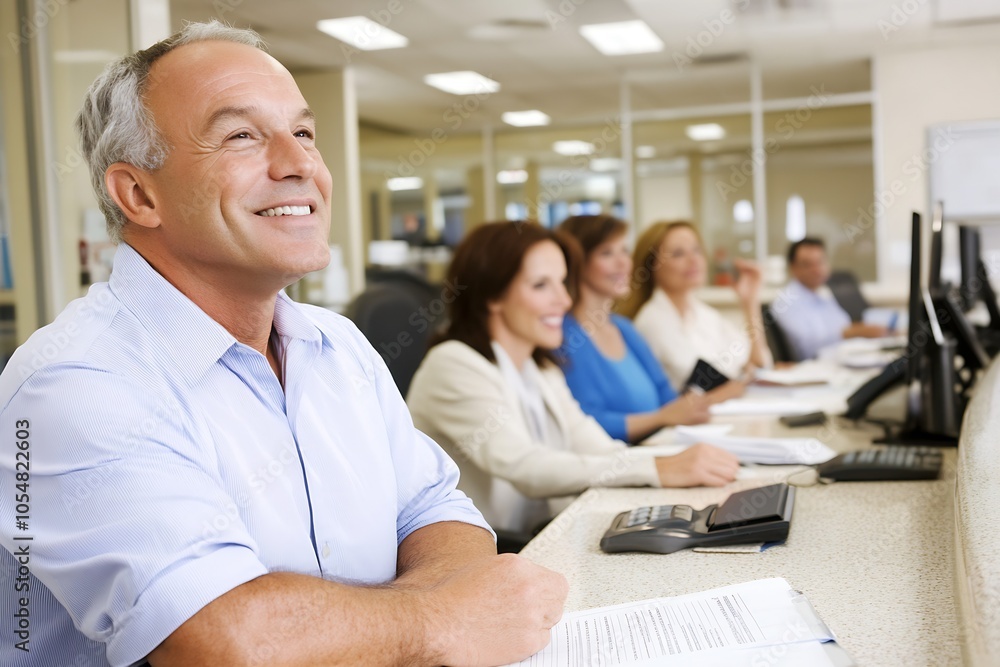 Smiling Man in Office Working at Computer with Colleagues in Background : Generative AI Smiling Man in Office Working at Computer with Colleagues in Background : Generative AI