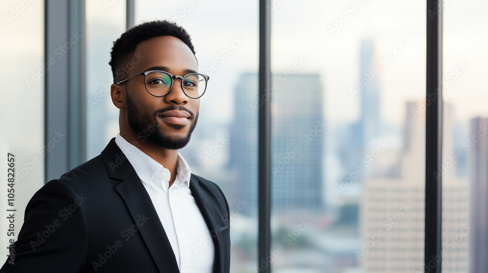 confident man in suit stands by large window with city view, exuding professionalism and style. His glasses add modern touch to his appearance. confident man in suit stands by large window with city view, exuding professionalism and style. His glasses add modern touch to his appearance.