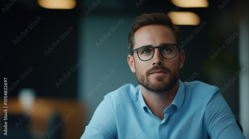thoughtful man with glasses is sitting in modern office environment, reflecting on ideas. His expression conveys focus and determination, making scene engaging and relatable. thoughtful man with glasses is sitting in modern office environment, reflecting on ideas. His expression conveys focus and determination, making scene engaging and relatable.