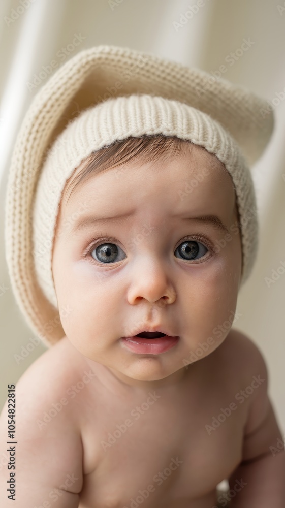 Baby in Beige Knitted Hat Looking at Camera Baby in Beige Knitted Hat Looking at Camera