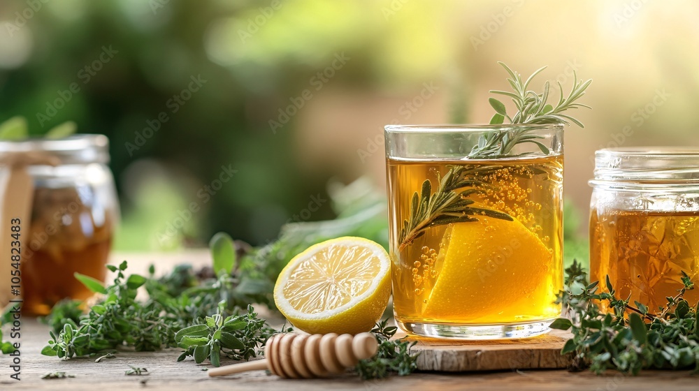 Fresh Herbal Tea with Lemon and Honey in a Glass Fresh Herbal Tea with Lemon and Honey in a Glass