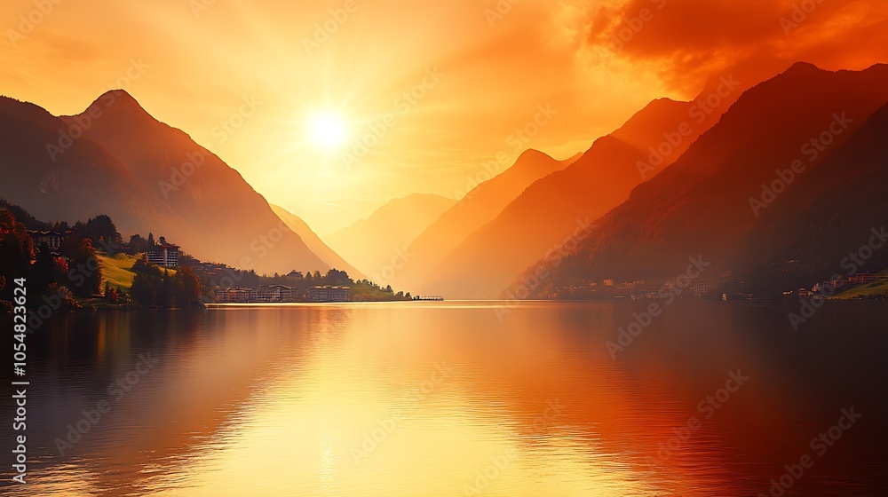 Majestic Alpine Lake at Sunset with Dramatic Mountain Silhouettes and Vibrant Sky : Generative AI Majestic Alpine Lake at Sunset with Dramatic Mountain Silhouettes and Vibrant Sky : Generative AI