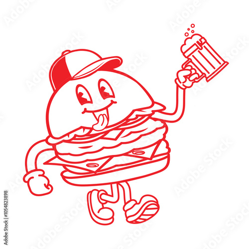burger hamburger mascot holding beer mascot cartoon illustration, logo, line art