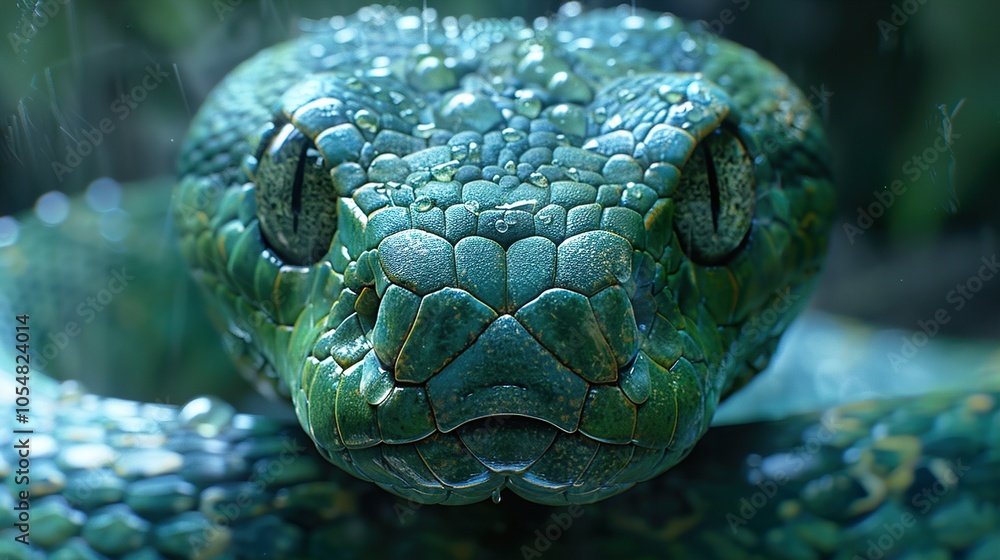 Green Snake Close-Up: Rain Drops on Scales Green Snake Close-Up: Rain Drops on Scales