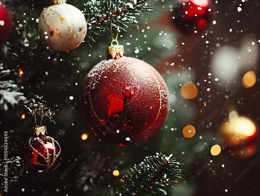 CloseUp of Red Christmas Ornaments on a Snowy Tree : Generative AI CloseUp of Red Christmas Ornaments on a Snowy Tree : Generative AI