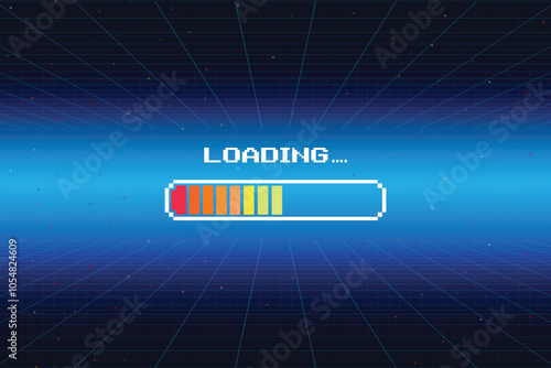 LOADING bar .pixel art .8 bit. retro game. for game assets in vector illustrations. Retro Futurism Sci-Fi Background. glowing neon grid and star from vintage arcade computer game.