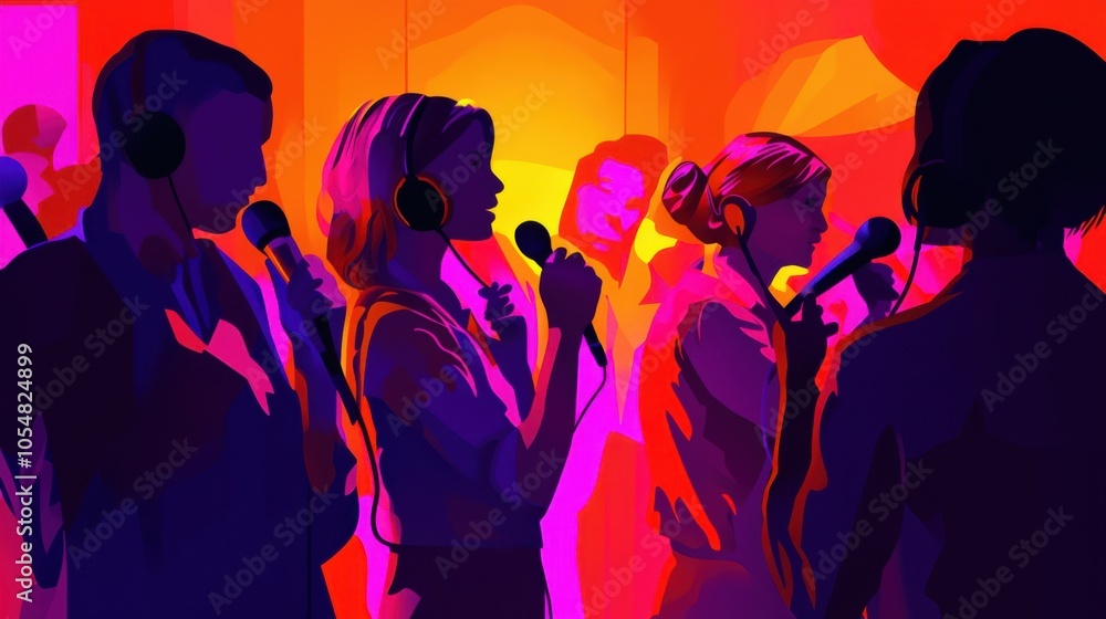 Helpline operators illustration, featuring staff talking into microphones, bright and professional vector art Helpline operators illustration, featuring staff talking into microphones, bright and professional vector art