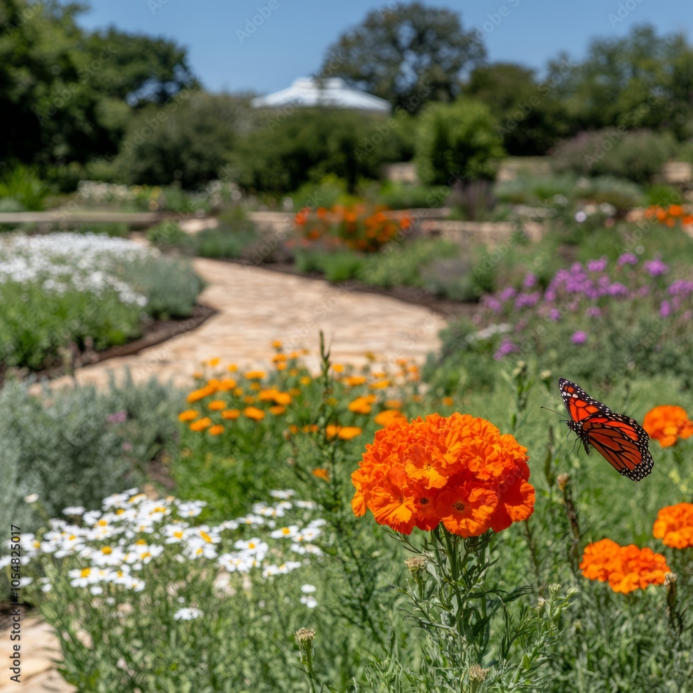 Fototapeta premium A vibrant garden with colorful flowers and a butterfly in a sunny landscape.