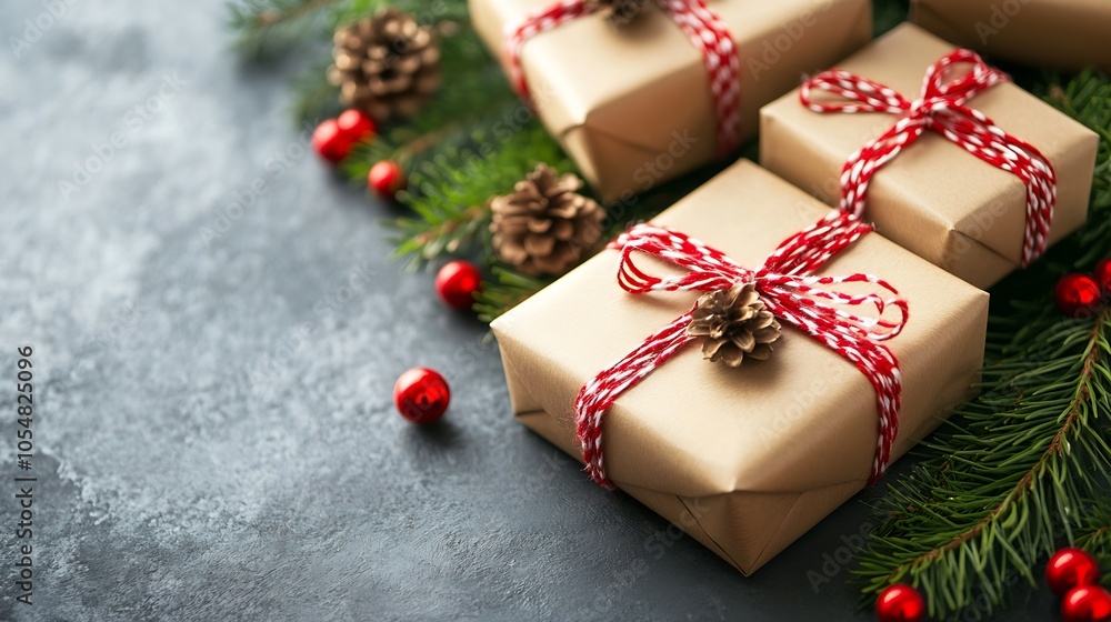 Beautifully Wrapped Christmas Gifts with Pine Cones on Festive Background : Generative AI Beautifully Wrapped Christmas Gifts with Pine Cones on Festive Background : Generative AI