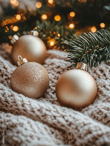 Golden Christmas Ornaments Resting on Cozy Knit Blanket with Warm Festive Lighting : Generative AI