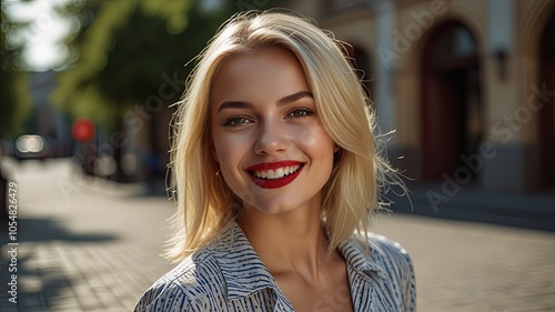 Smiling young woman in stylish summer outfit, enjoying sunny day outdoors. Glamorous close-up portrait