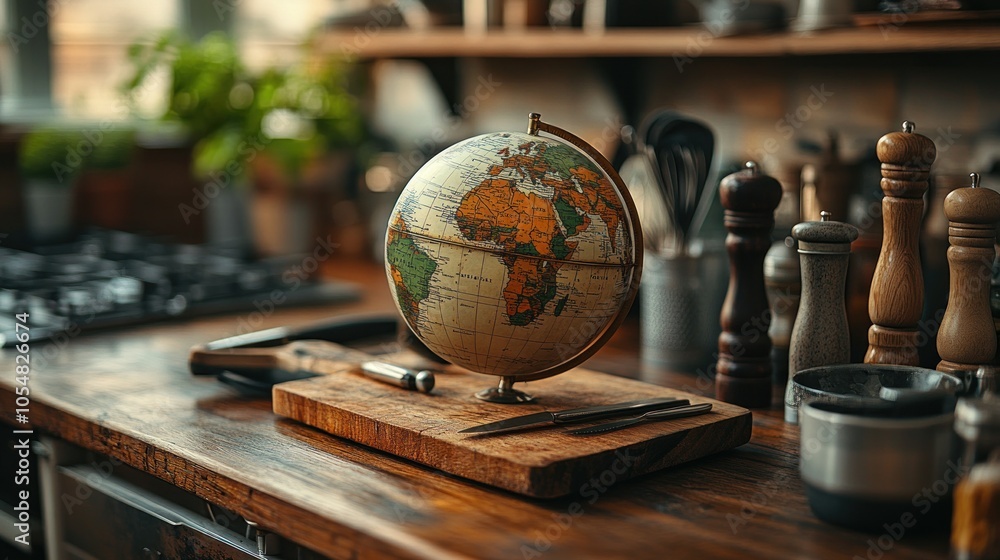 A globe on a wooden kitchen countertop surrounded by utensils. A globe on a wooden kitchen countertop surrounded by utensils.