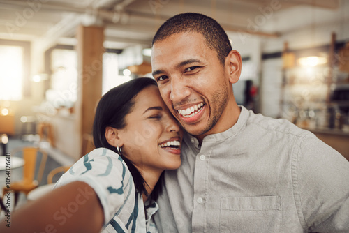 Date, laughing and selfie with couple in coffee shop together for bonding, relationship or romance. Hug, funny or profile picture with man and woman in cafe or restaurant for memory or social media