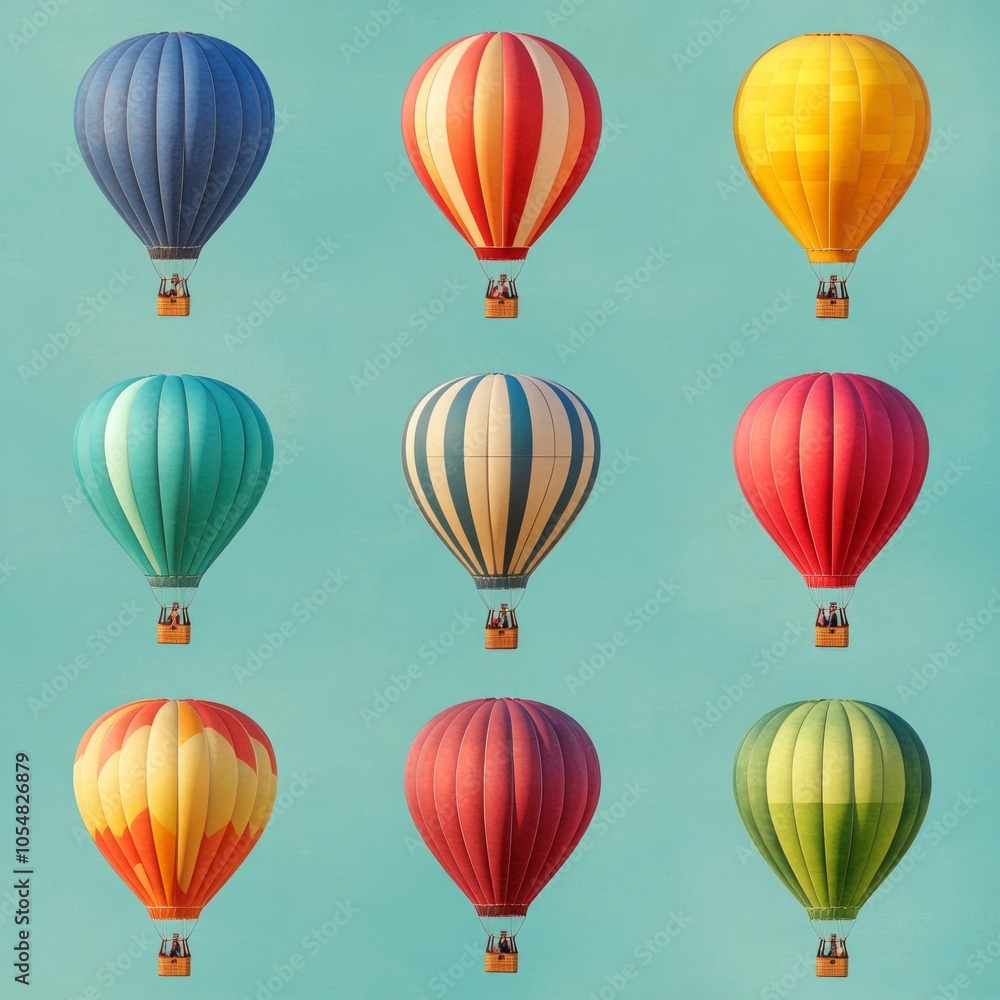 A grid of colorful hot air balloons in various patterns and colors. A grid of colorful hot air balloons in various patterns and colors.