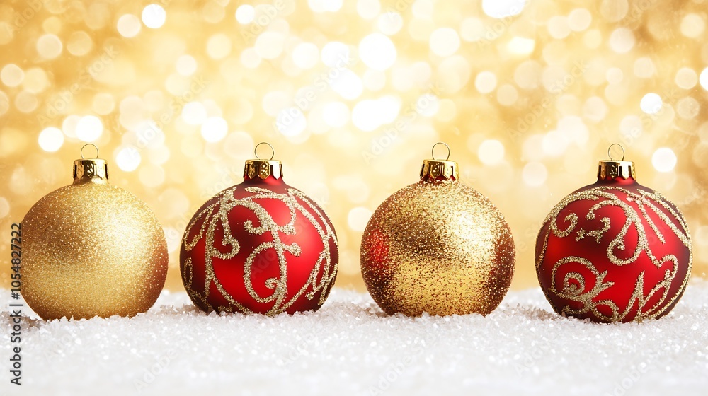 Luxurious Golden and Red Christmas Baubles on Glittering Background : Generative AI Luxurious Golden and Red Christmas Baubles on Glittering Background : Generative AI