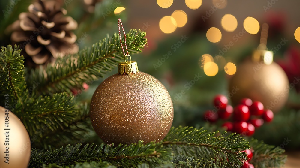 Elegant Gold Ornaments on Pine Branches with Bright Festive Decorations : Generative AI Elegant Gold Ornaments on Pine Branches with Bright Festive Decorations : Generative AI