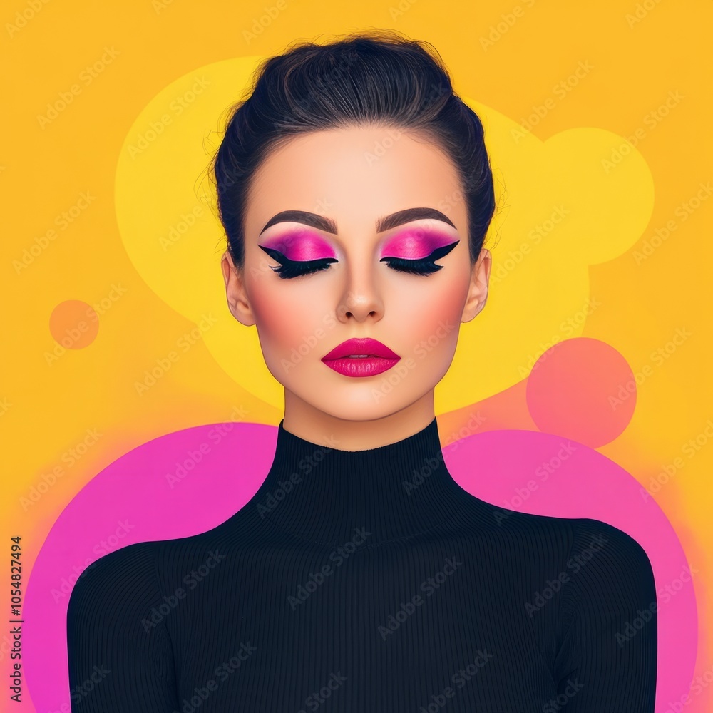 A model with vibrant makeup against a colorful background. A model with vibrant makeup against a colorful background.