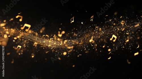 Golden Music Notes and Glitter on Black Background