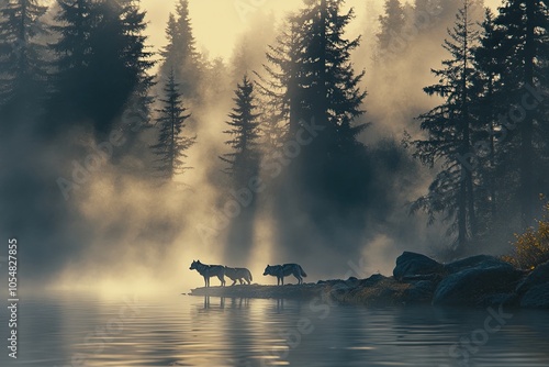 misty morning on the river with pack of wolves