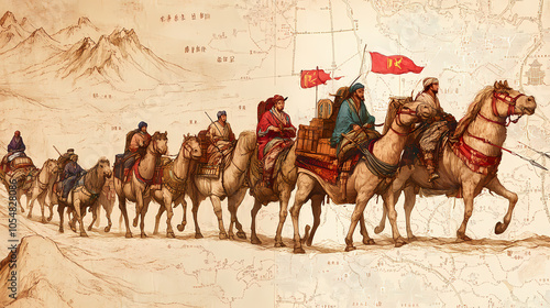 Ancient trade routes map caravan journey historical context. silk road. illustration. Ancient Silk Road Caravan. Illustration