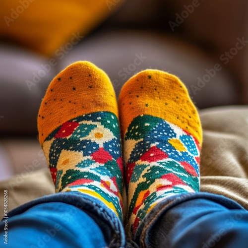 Cozy Colorful Socks on Feet Up Close photo