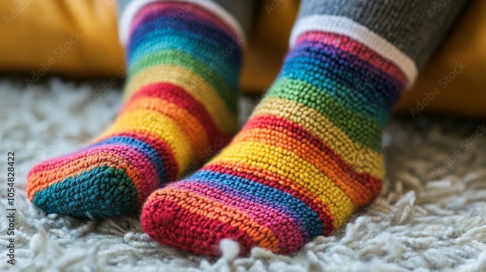 Colorful Hand-Knitted Socks on Cozy Carpet Colorful Hand-Knitted Socks on Cozy Carpet