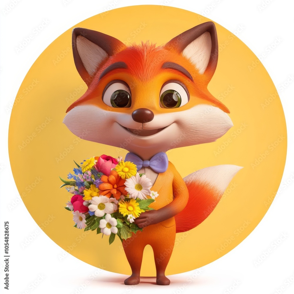 Fototapeta premium Round fox with a bowtie, holding a bouquet of flowers, 3D illustration