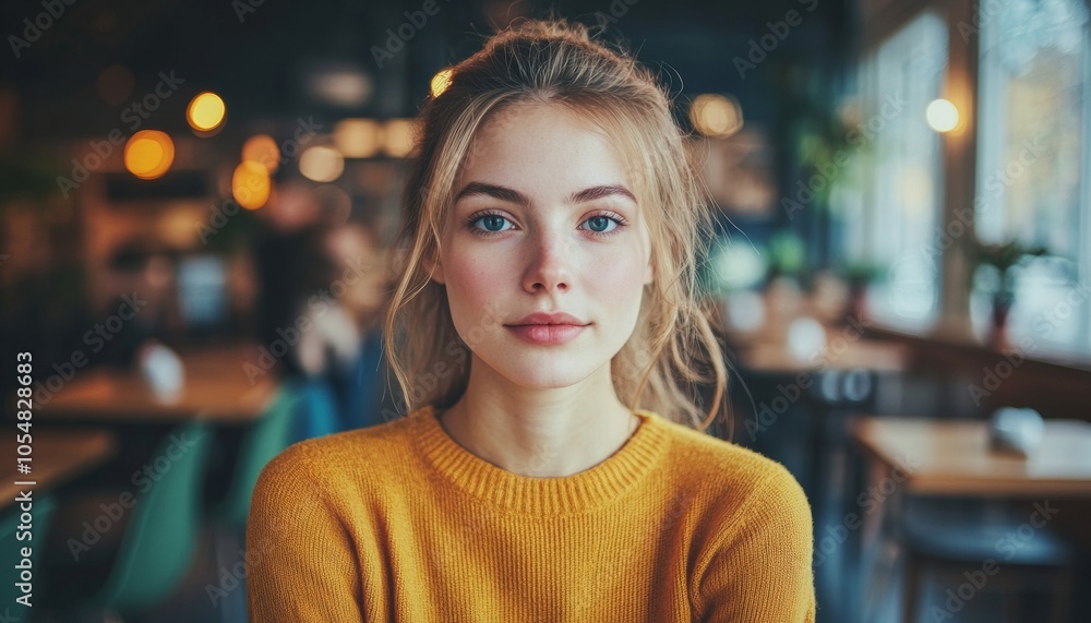 Young Woman in Cozy Cafe Setting Embracing Face-to-Face Interaction Young Woman in Cozy Cafe Setting Embracing Face-to-Face Interaction
