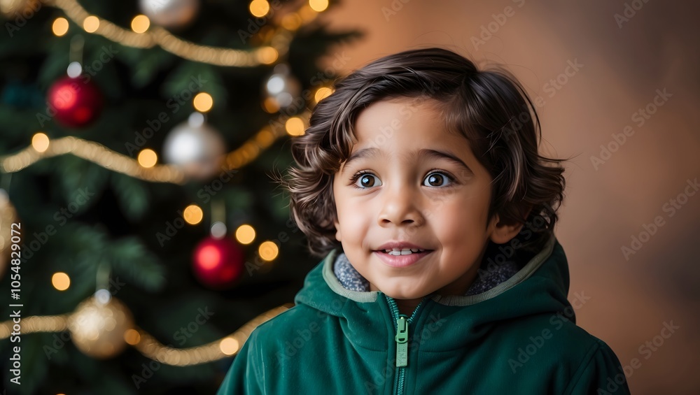 Curious Boy in Green Parka with Holiday Background Curious Boy in Green Parka with Holiday Background