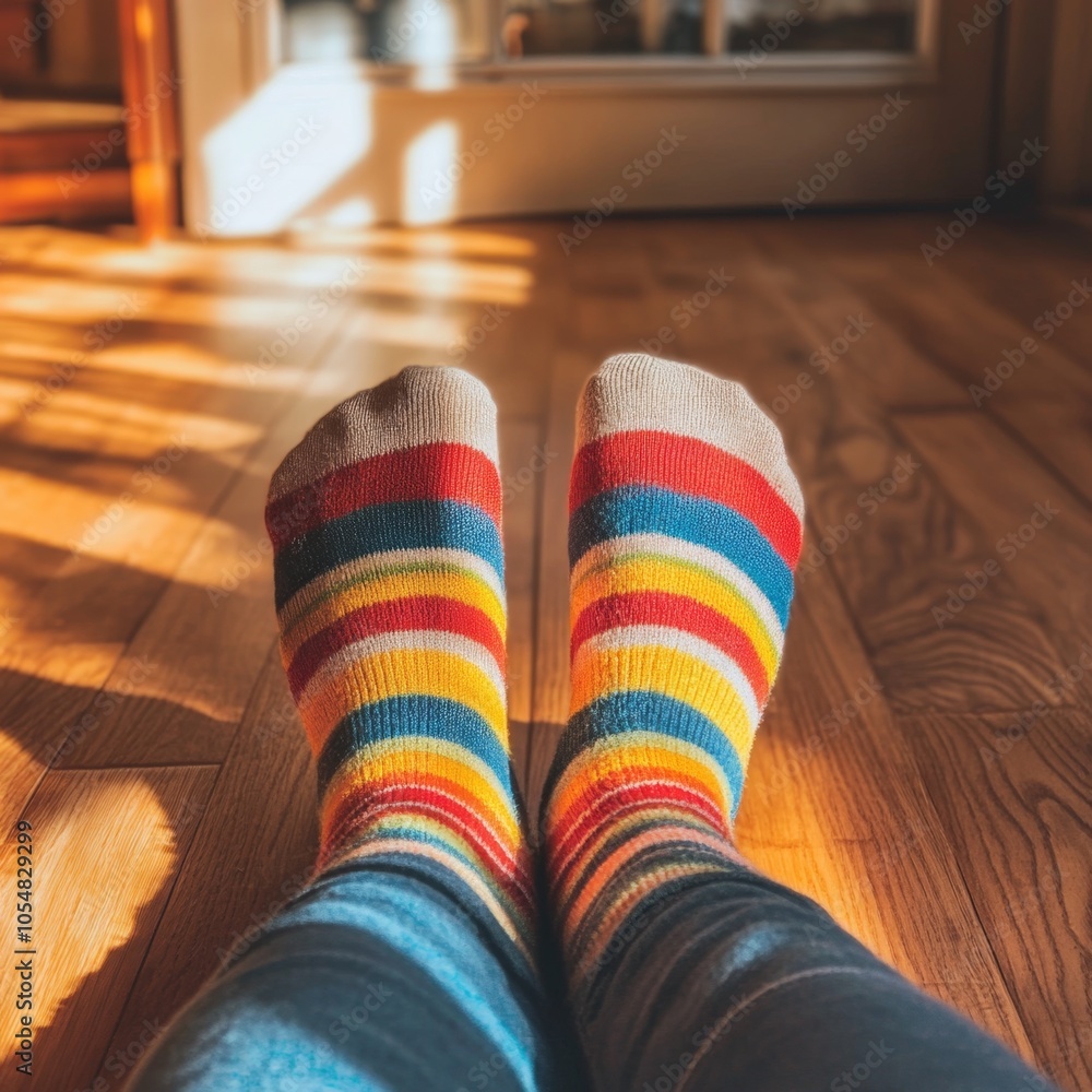 Cozy Morning with Striped Socks on Wooden Floor Cozy Morning with Striped Socks on Wooden Floor