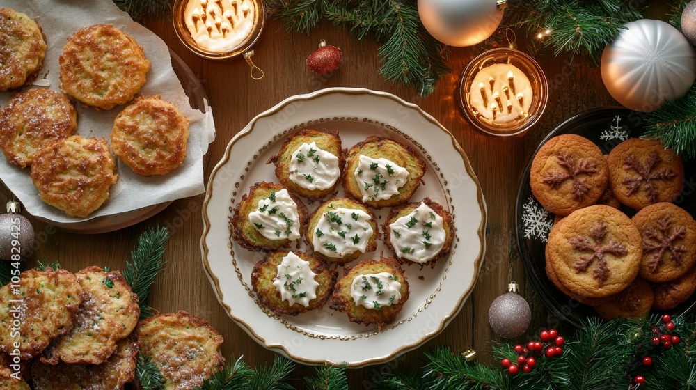 Festive Table with Latkes and Christmas Cookies Festive Table with Latkes and Christmas Cookies