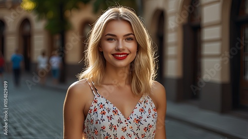 Smiling young woman in stylish summer outfit, enjoying sunny day outdoors. Glamorous close-up portrait