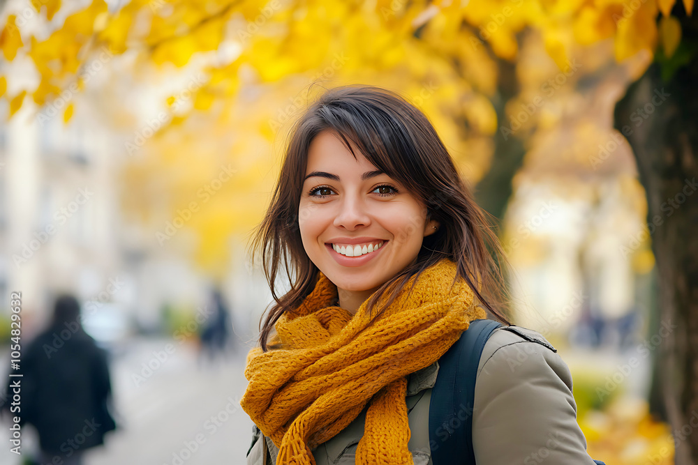 Portrait of a smiling young woman wearing a yellow scarf enjoying a sunny autumn day in the city Portrait of a smiling young woman wearing a yellow scarf enjoying a sunny autumn day in the city