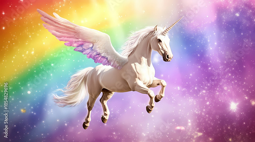 Artistic style unicorns with wings flying over a rainbow aspect perfect for print on demand artwork merchandise. Pegasus Rider. Illustration