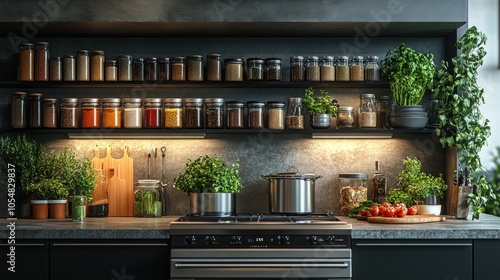 Wallpaper Mural Modern kitchen with herbs, spices, and fresh ingredients displayed. Torontodigital.ca