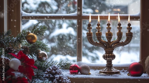 Menorah by Snowy Window with Holiday Decor photo